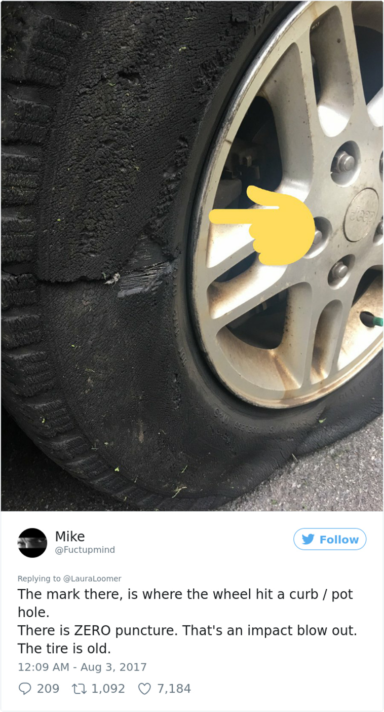 Woman Posts Pics Of Her ‘Slashed Tire’ On Twitter, But Someone Quickly