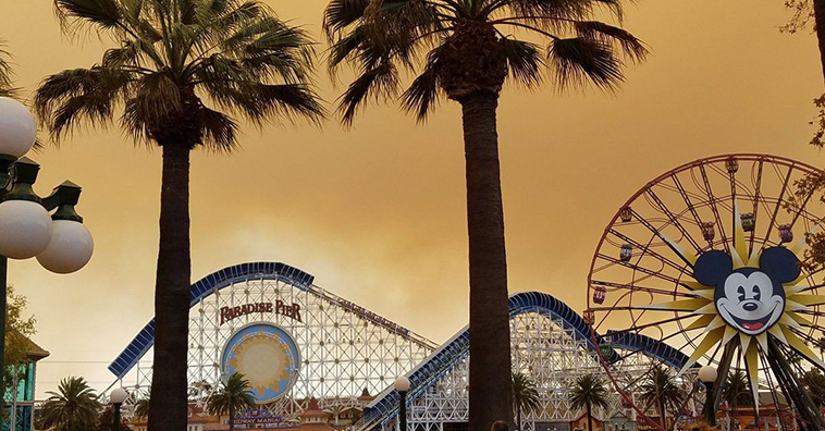 Eerie Skies Cover Disneyland as Anaheim Hills Fire Burns