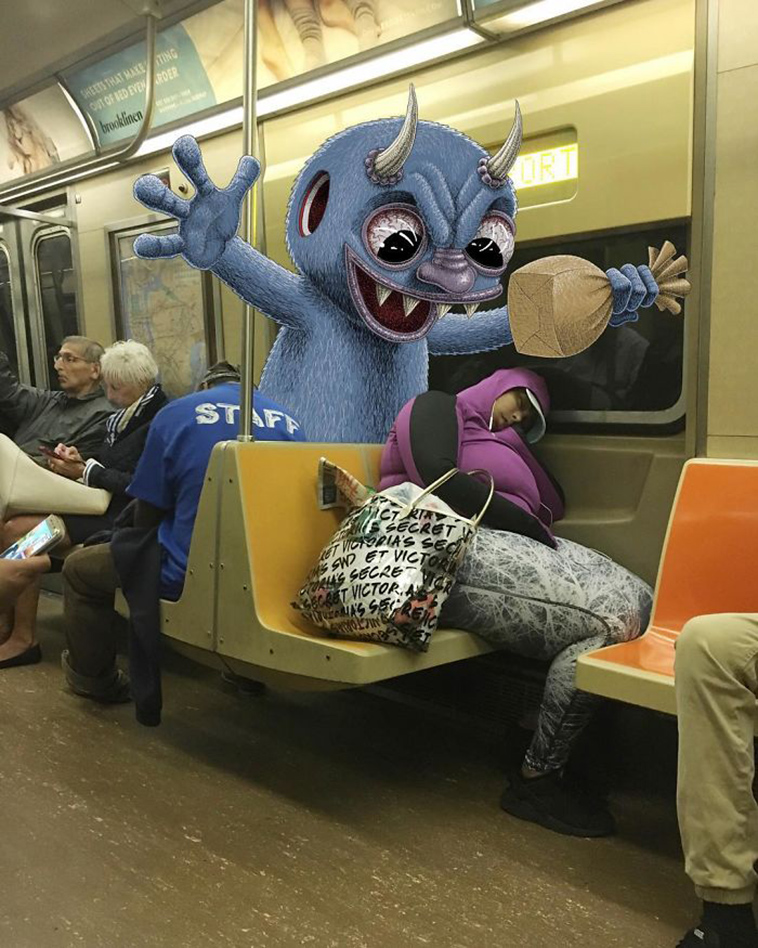 blue monsters nyc subway doodle