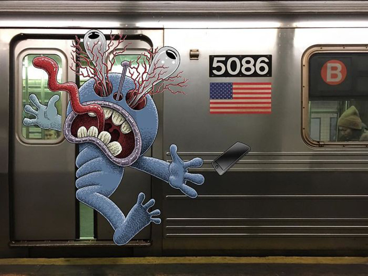 blue monsters nyc subway doodle