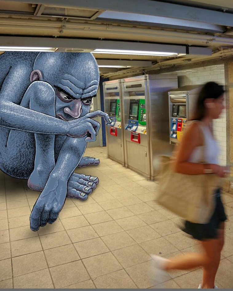 blue monsters nyc subway doodle