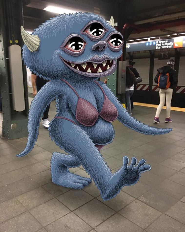 blue monsters nyc subway doodle