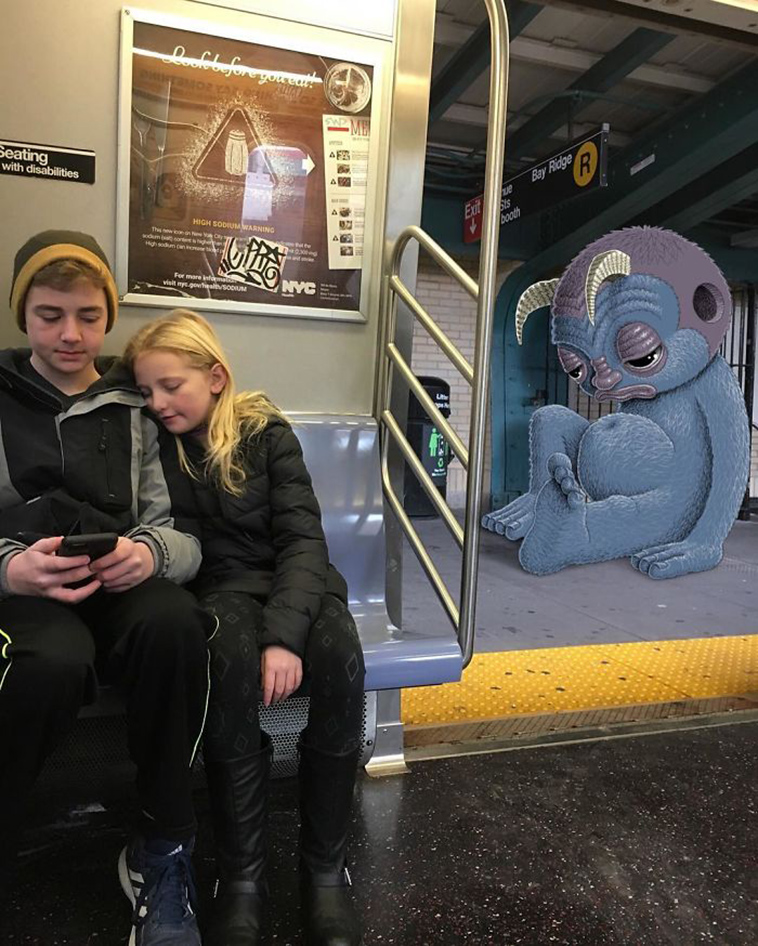 blue monsters nyc subway doodle