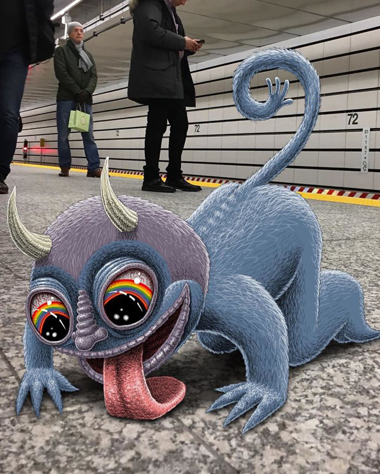 blue monsters nyc subway doodle