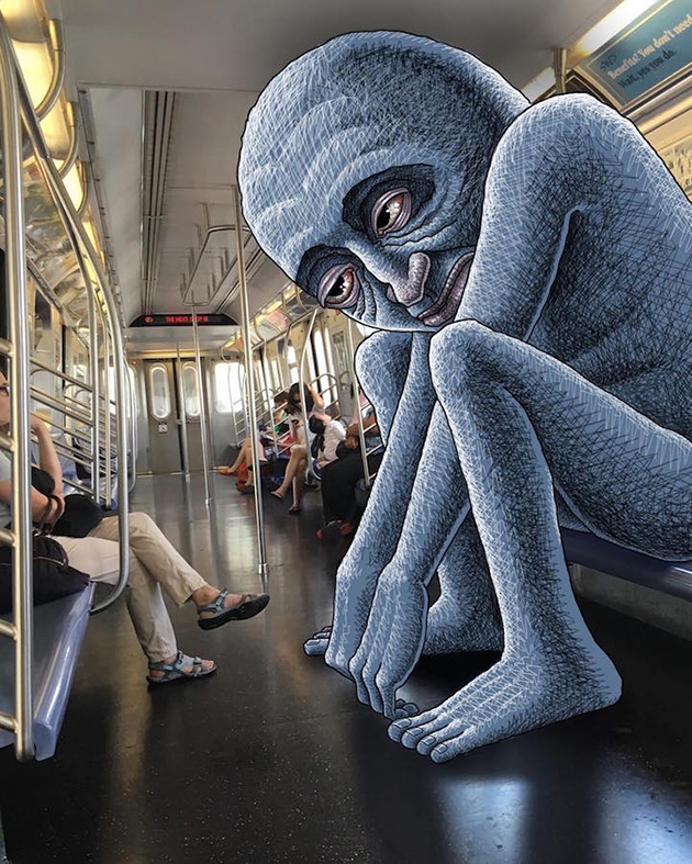 Fantastical Creatures Interacting with Commuters on NYC Subway