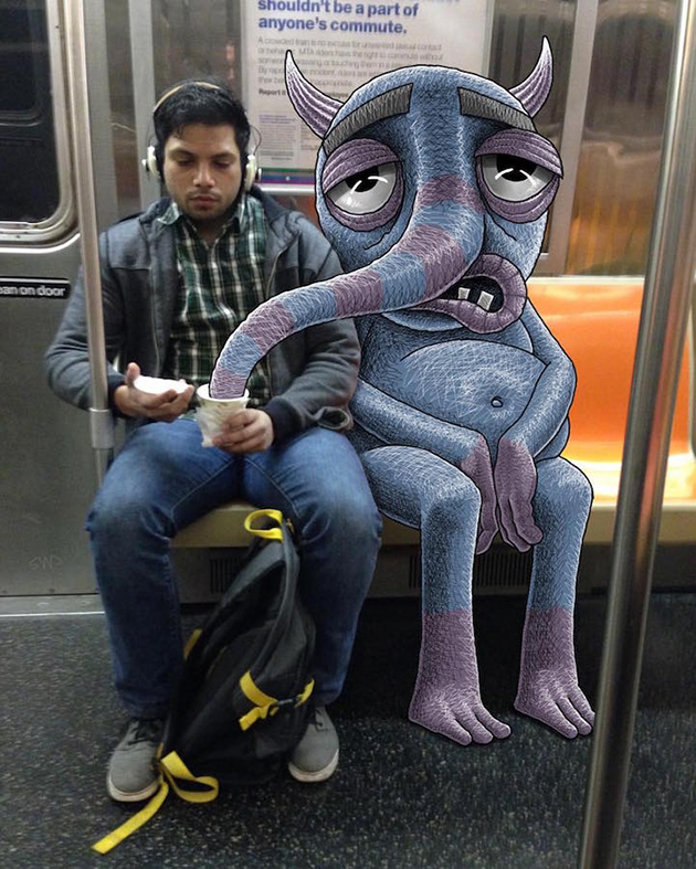Fantastical Creatures Interacting with Commuters on NYC Subway