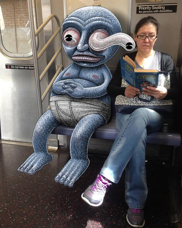 Fantastical Creatures Interacting with Commuters on NYC Subway
