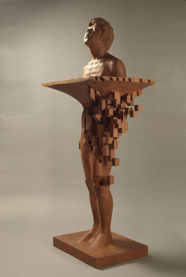 These pixilated wooden sculptures are a visual puzzle