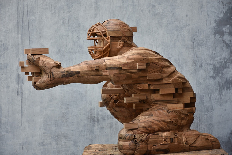 pixelated wood sculpture