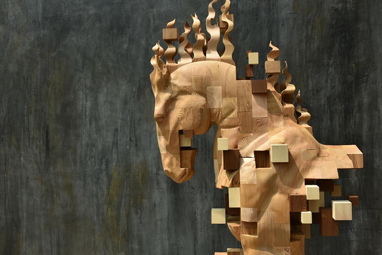 pixelated wood sculpture
