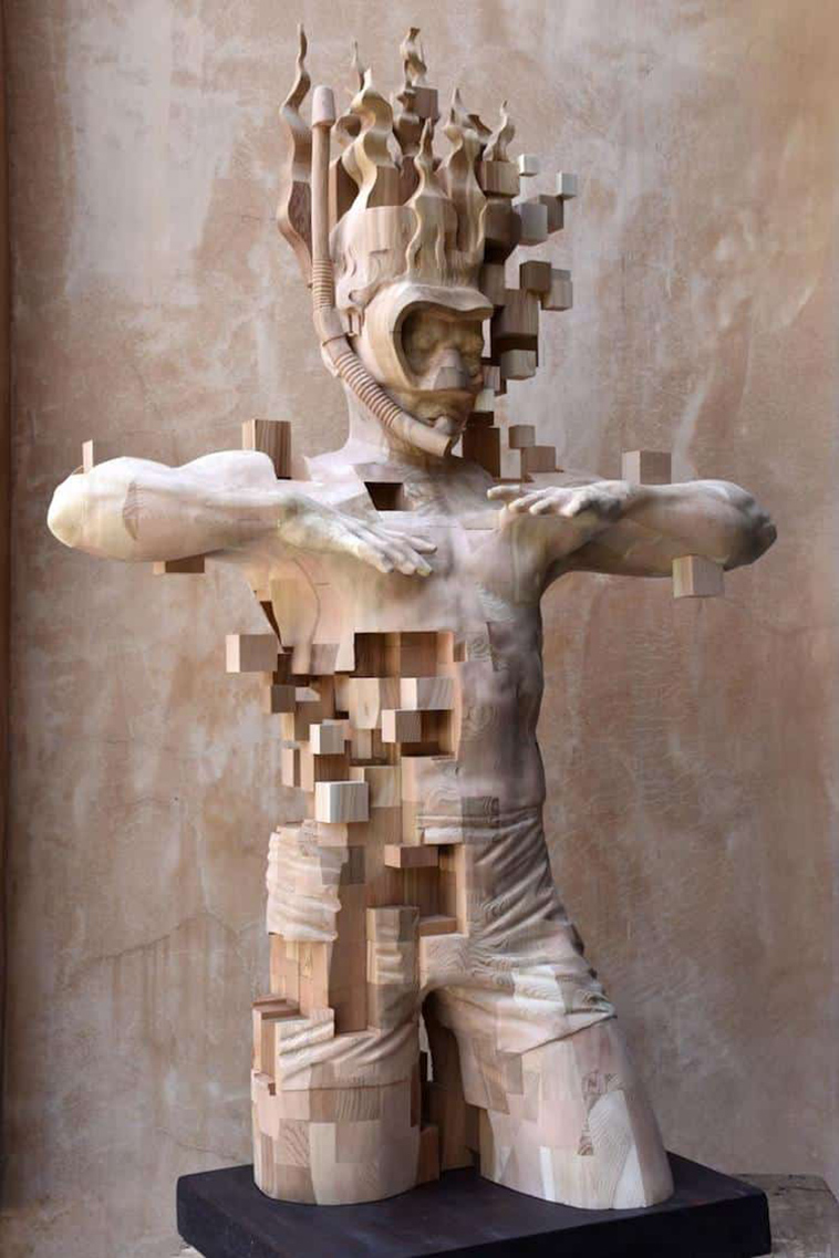 pixelated wood sculpture