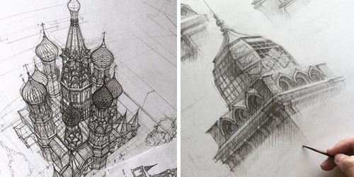 Adelina Gareeva ,Pencil Architectural Sketches