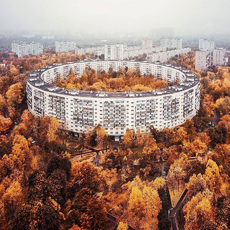 circular apartment building Moscow brutalism