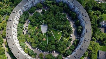 circular apartment building Moscow brutalism
