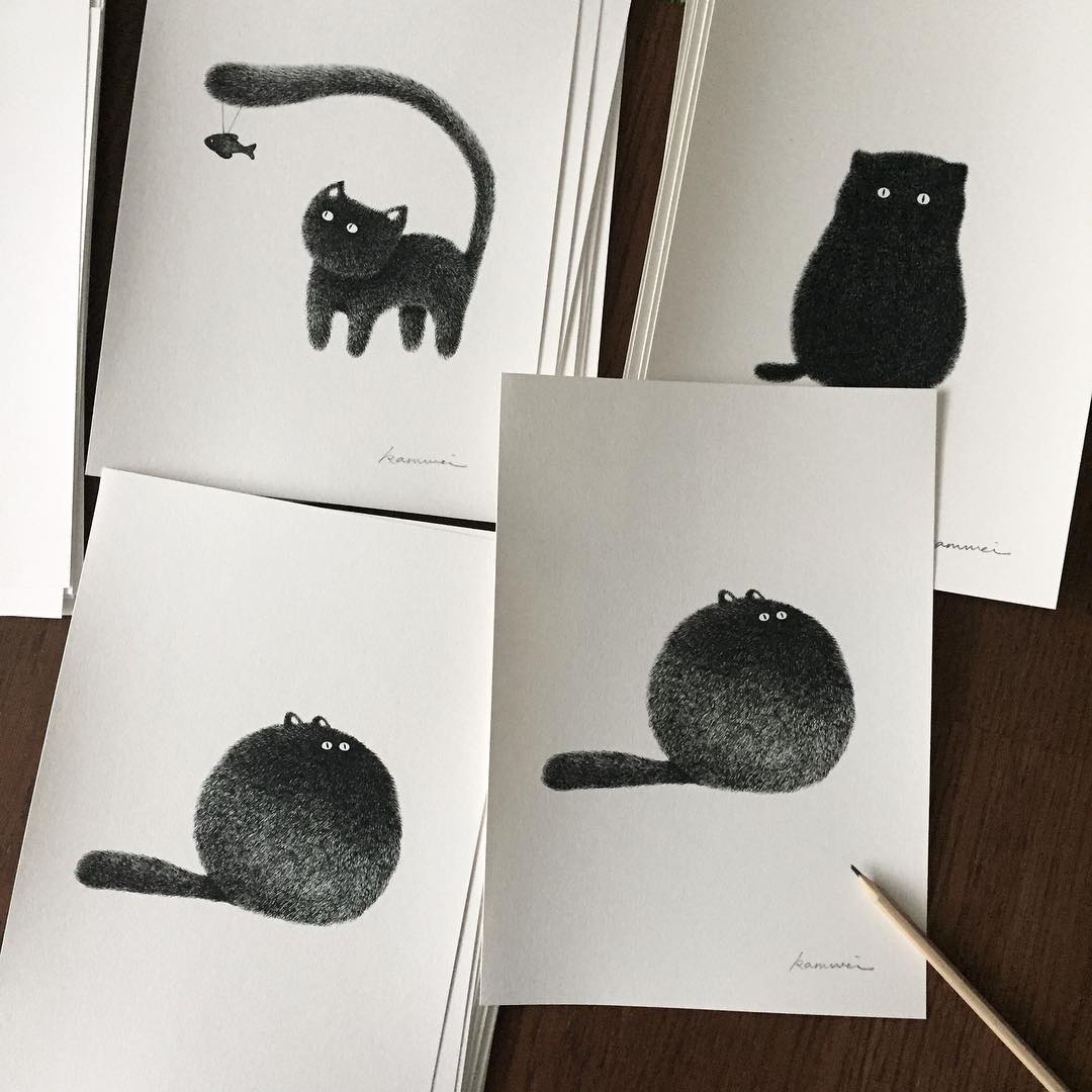 fluffy-black-cat-ink-drawings