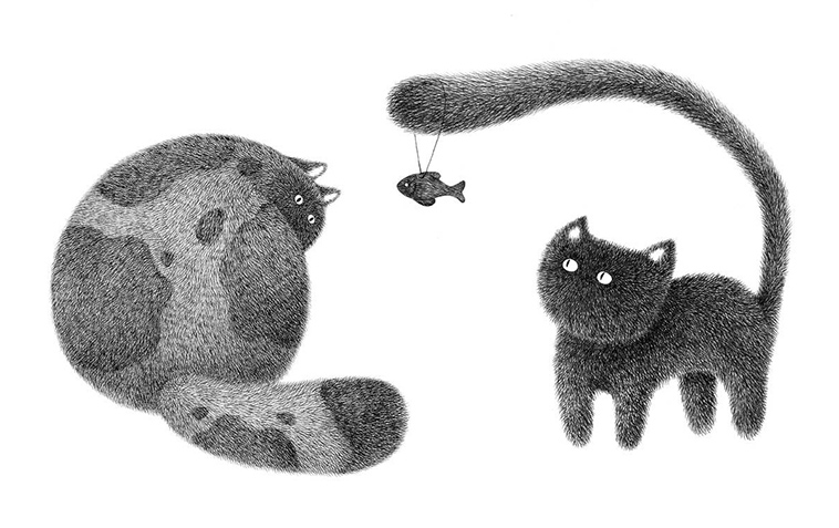 fluffy-black-cat-ink-drawings