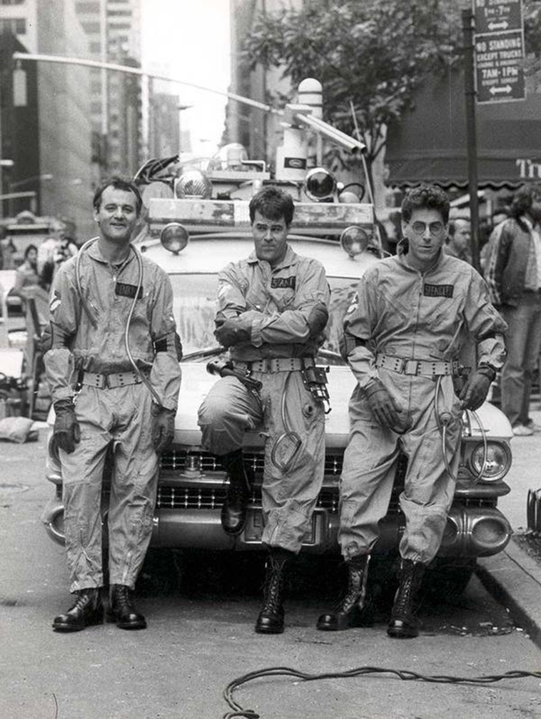 Bill Murray, Dan Aykroyd and Harold Ramis on the set of Ghostbusters, 1983.