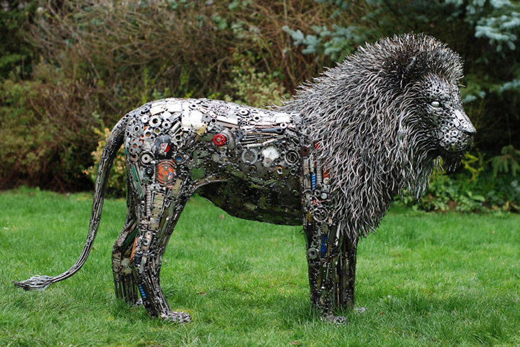 lion sculpture with recycled materials