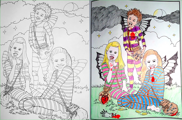 children's drawings colored by adults