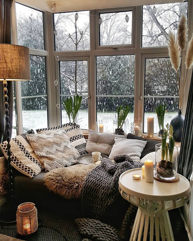 Winter views from a bay window nook, England.