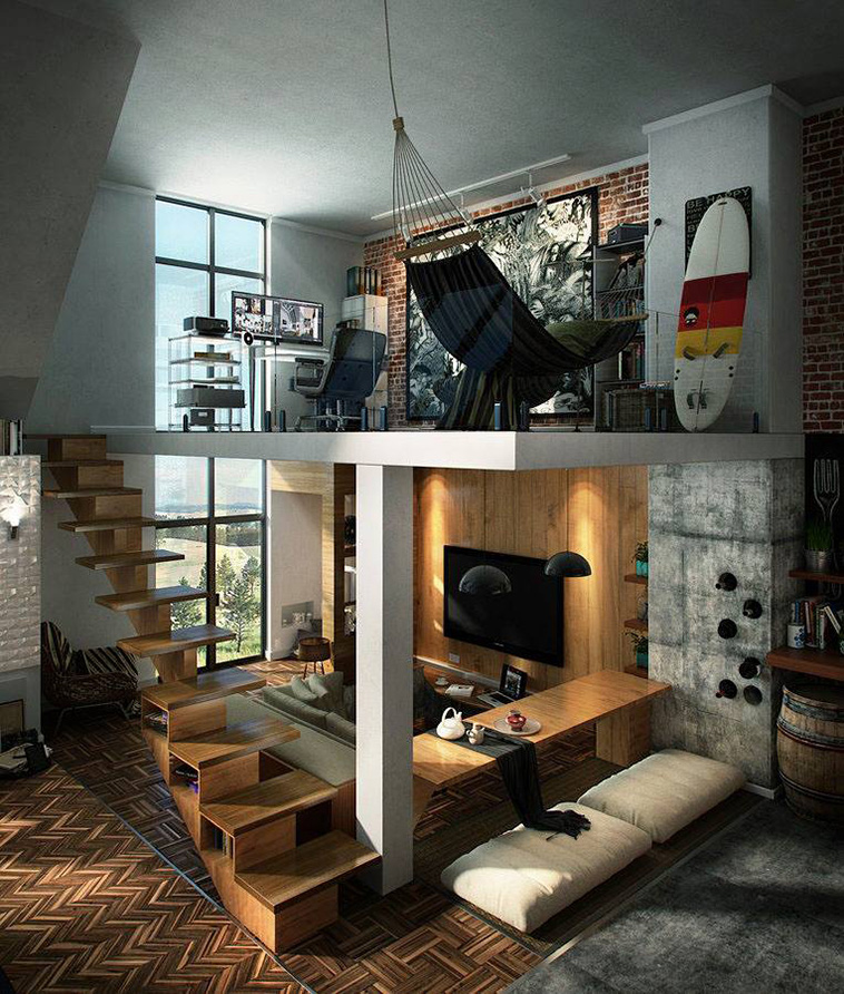 Compact Loft Apartment With High Ceiling Creates Extra Work Space