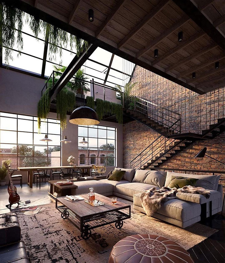 A living room in a loft