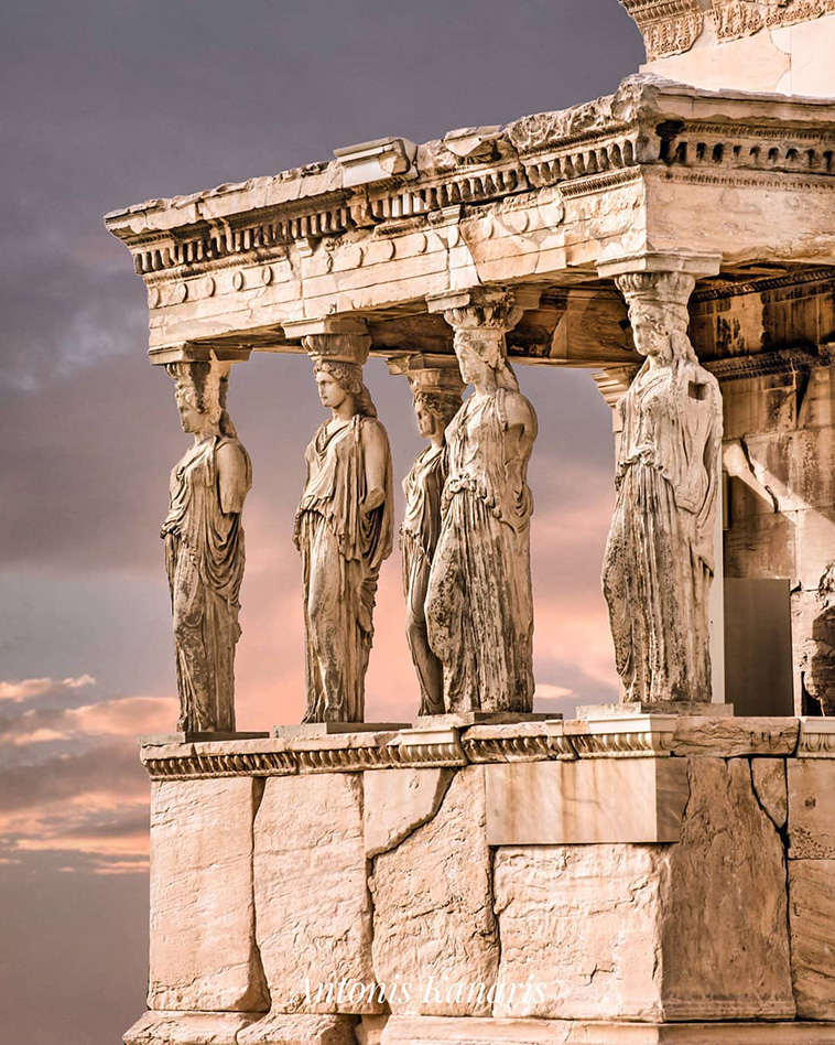 The Caryatid porch of the Erechtheion in Athens, Greece. 