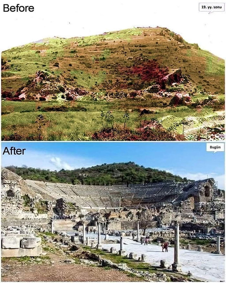 The 2,300-year-old Grand Theatre of Ephesus, in Turkey, before and after excavation