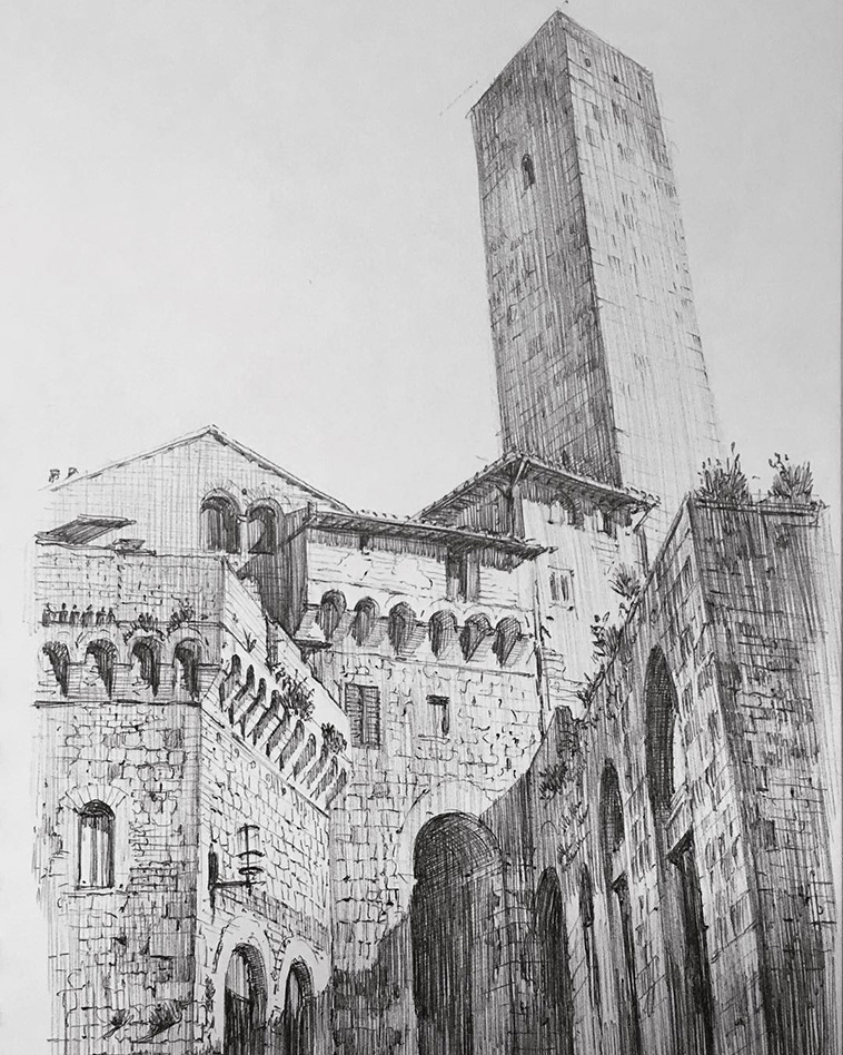 San Gimignano town drawing