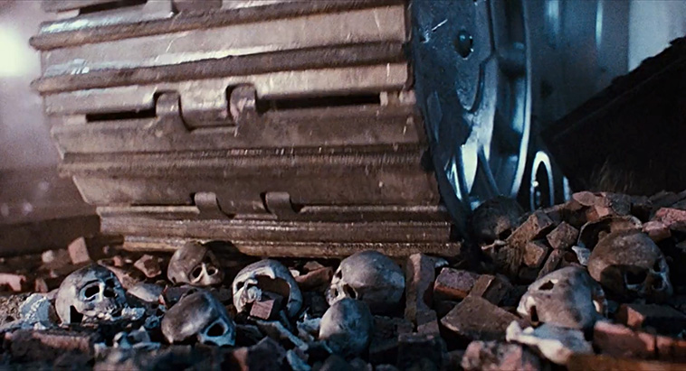 machines running over human skulls in the post-apocalyptic earth