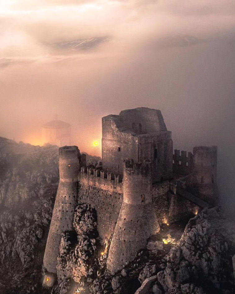 Castle of Rocca Calascio in fog