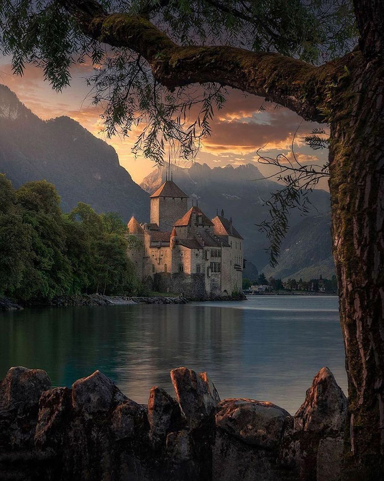 chillon castle and the mountains