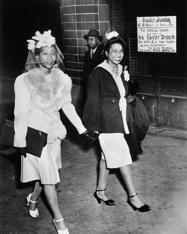 two ladies from vintage harlem leaving a church