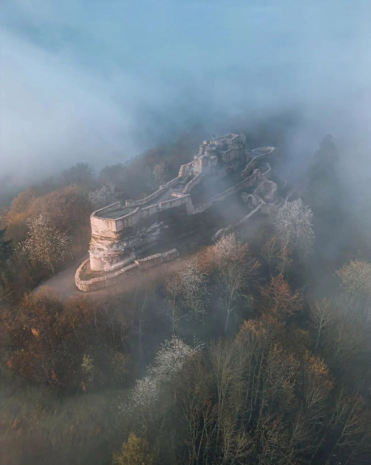 Stunning Ruins of Wegelnburg during foggy weather
