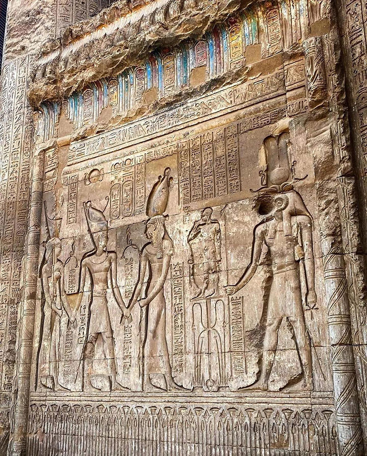 hieroglyphics and carvings on the exterior