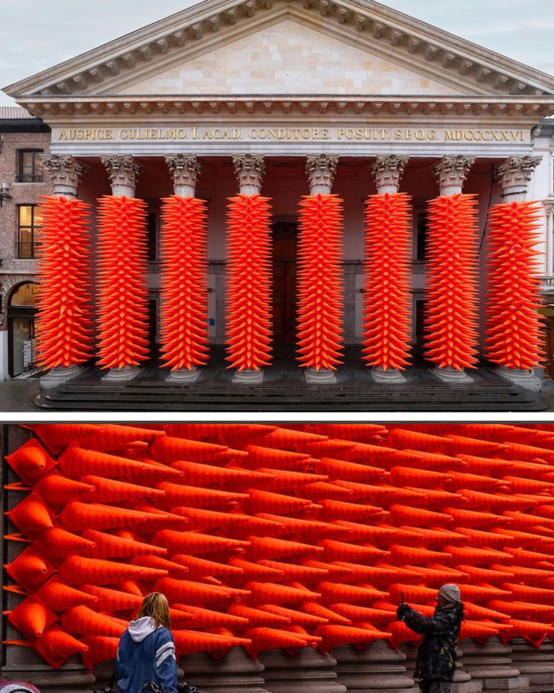 SpY Transforms a Ghent Building into a Spiny Thicket of Bright Orange Traffic Cone